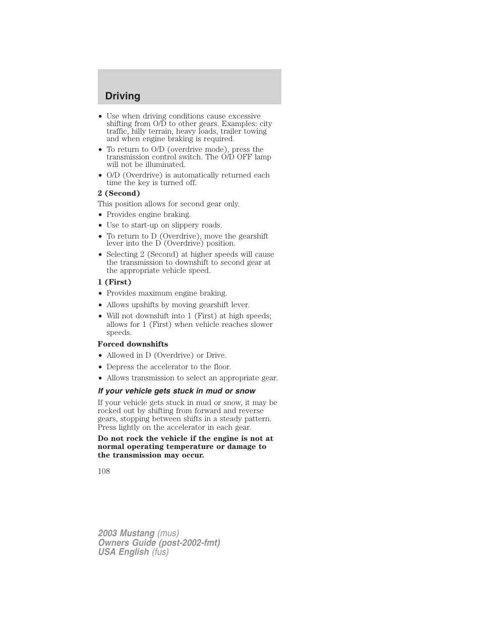 Driving | FORD 2003 Mustang v.5 User Manual | Page 108 / 216