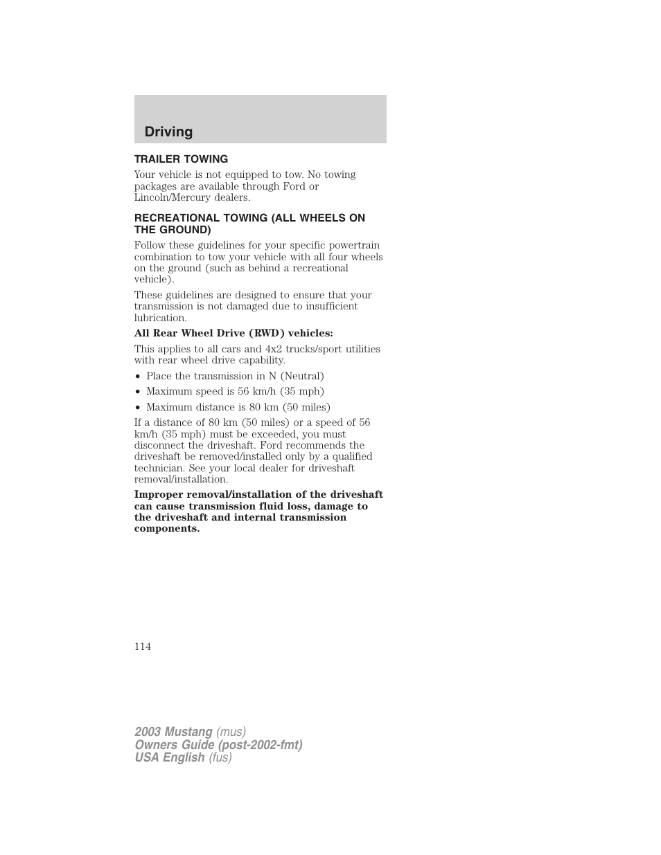 Driving | FORD 2003 Mustang v.5 User Manual | Page 114 / 216