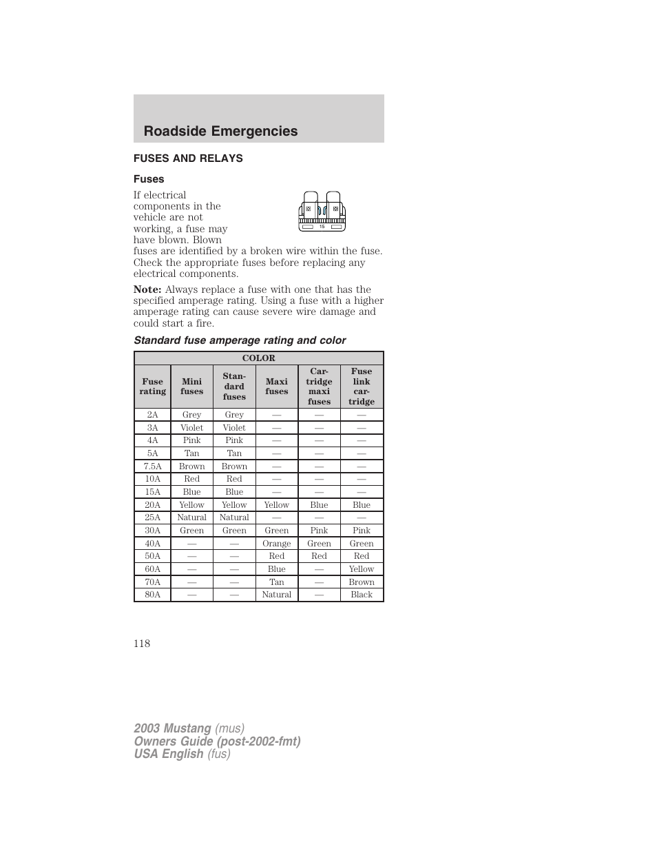 Roadside emergencies | FORD 2003 Mustang v.5 User Manual | Page 118 / 216