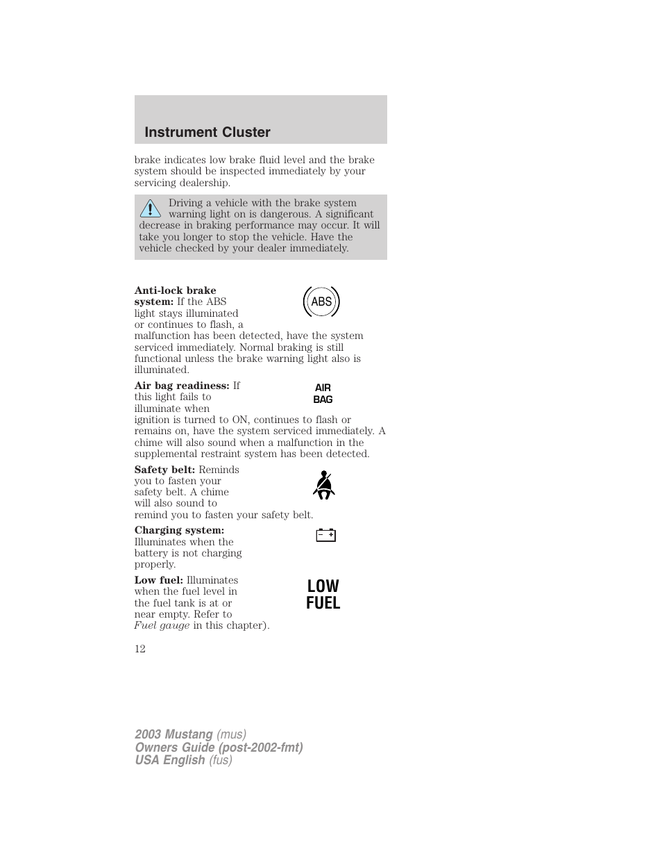 Low fuel, Instrument cluster | FORD 2003 Mustang v.5 User Manual | Page 12 / 216