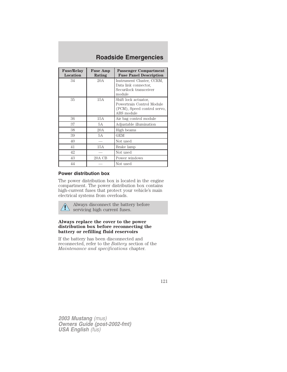 Roadside emergencies | FORD 2003 Mustang v.5 User Manual | Page 121 / 216