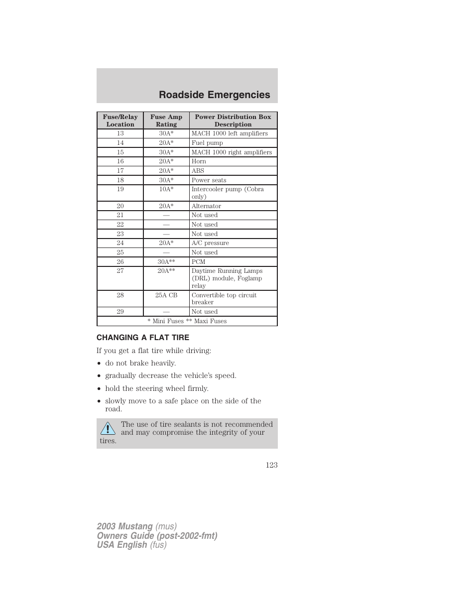 Roadside emergencies | FORD 2003 Mustang v.5 User Manual | Page 123 / 216