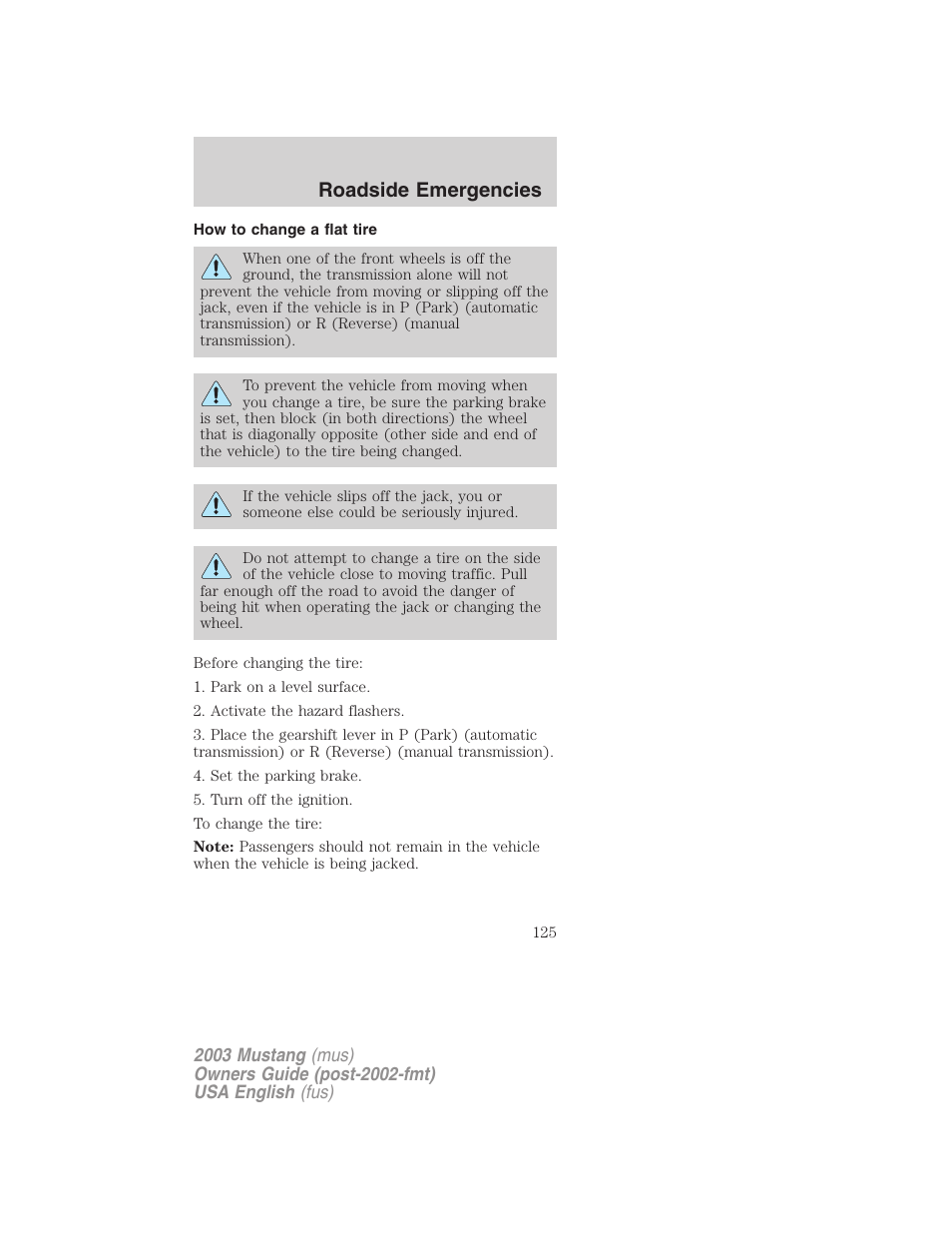 Roadside emergencies | FORD 2003 Mustang v.5 User Manual | Page 125 / 216