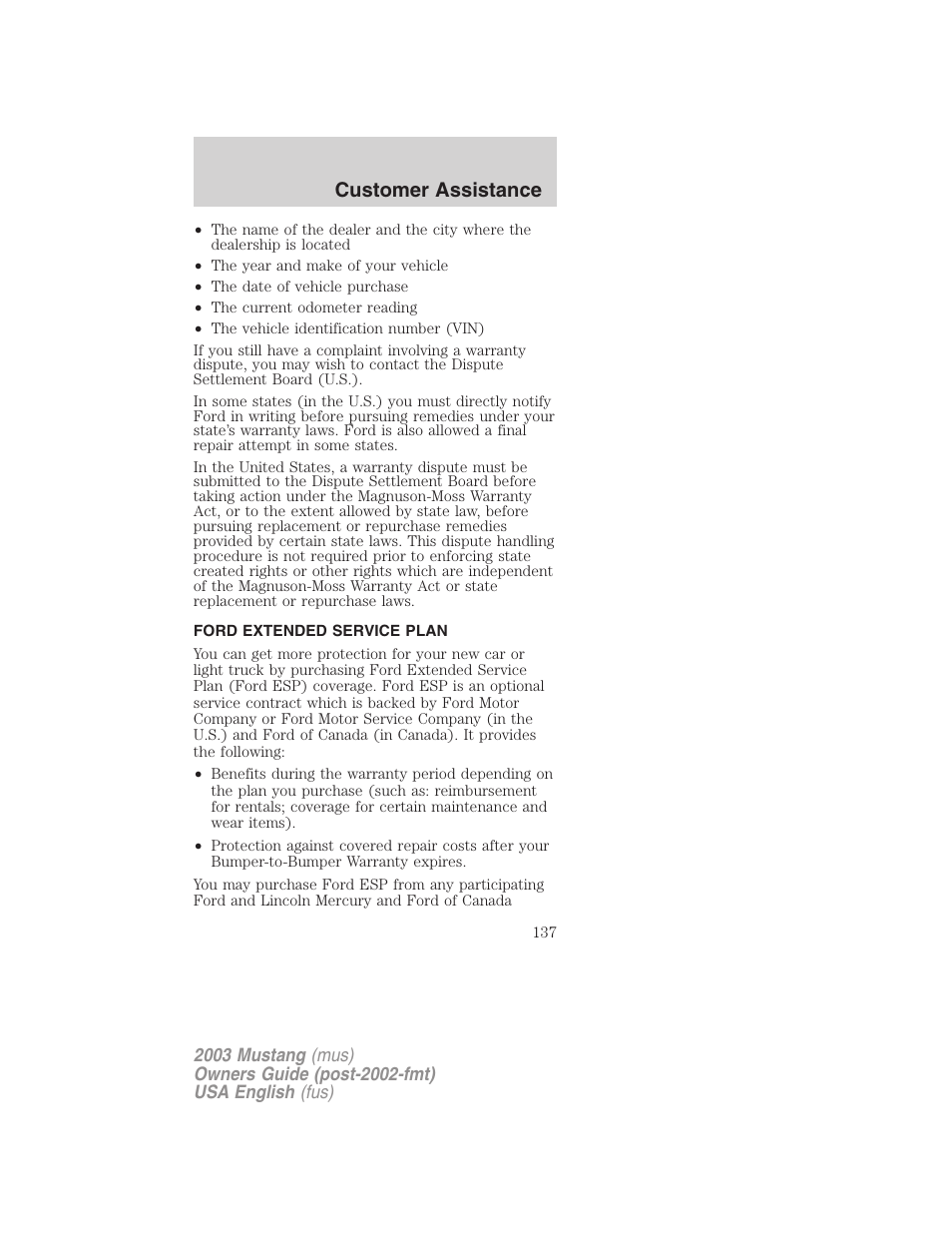 Customer assistance | FORD 2003 Mustang v.5 User Manual | Page 137 / 216