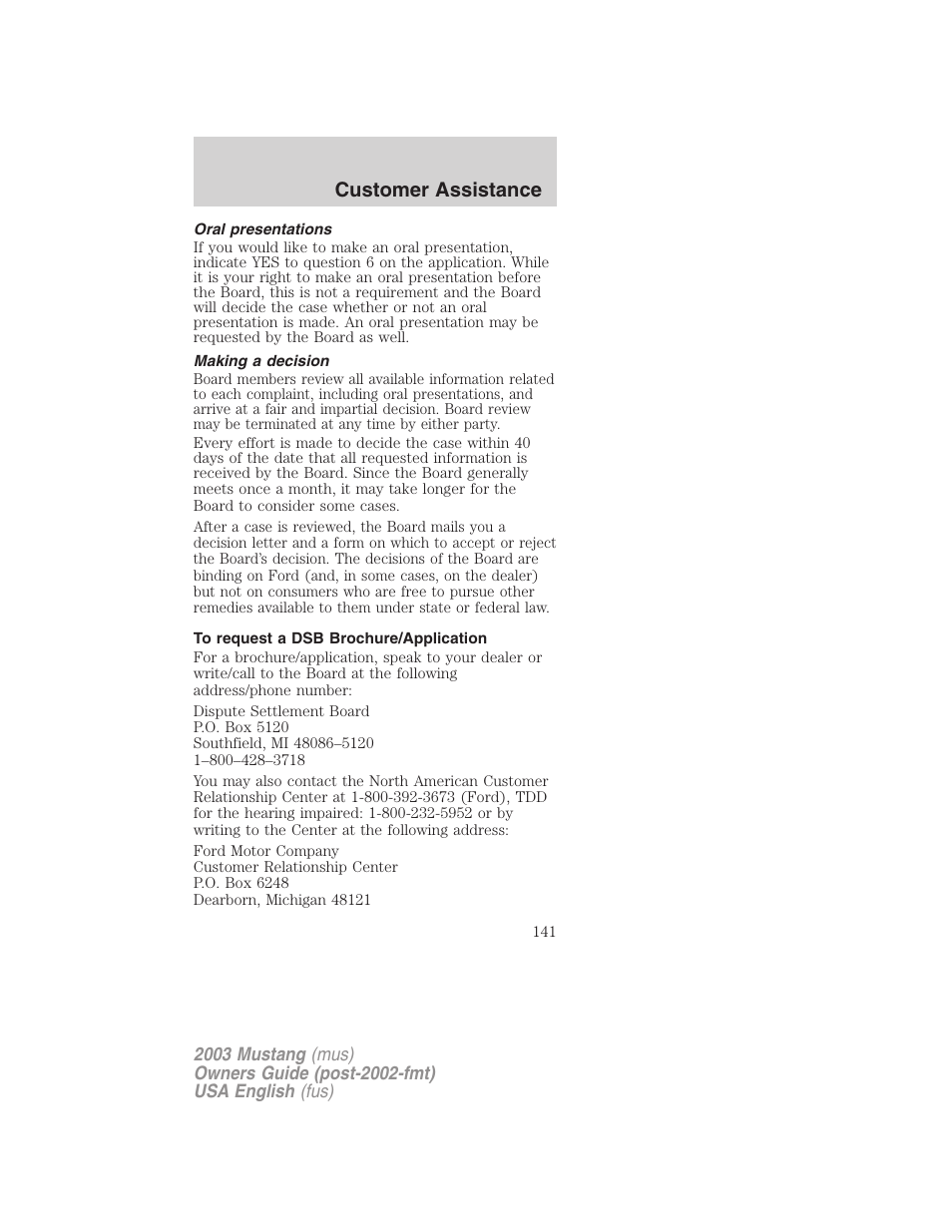 Customer assistance | FORD 2003 Mustang v.5 User Manual | Page 141 / 216