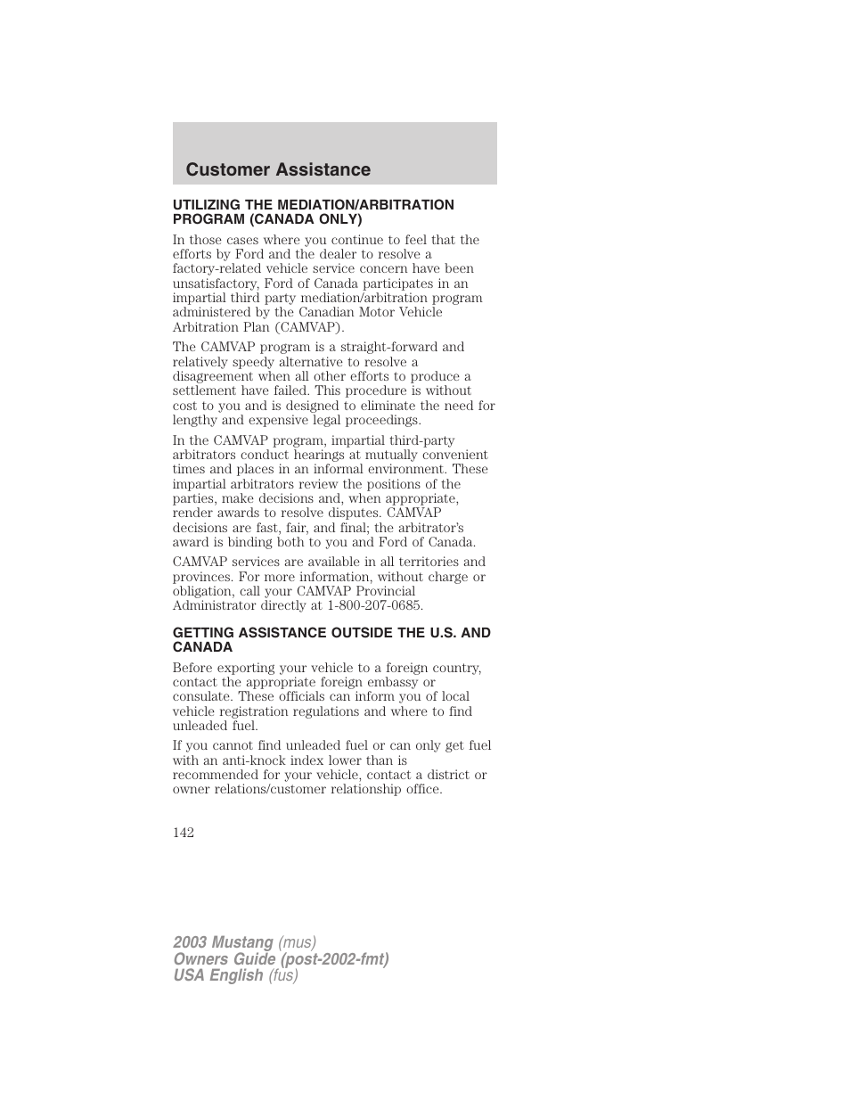 Customer assistance | FORD 2003 Mustang v.5 User Manual | Page 142 / 216