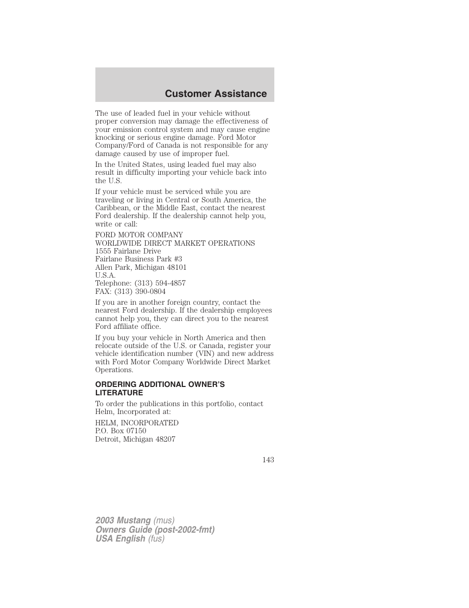 Customer assistance | FORD 2003 Mustang v.5 User Manual | Page 143 / 216
