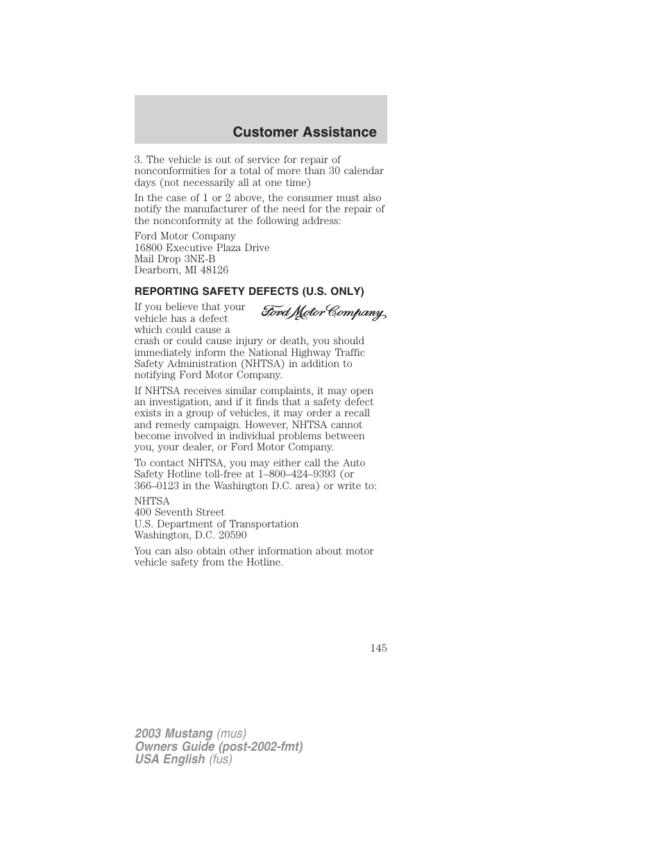 Customer assistance | FORD 2003 Mustang v.5 User Manual | Page 145 / 216