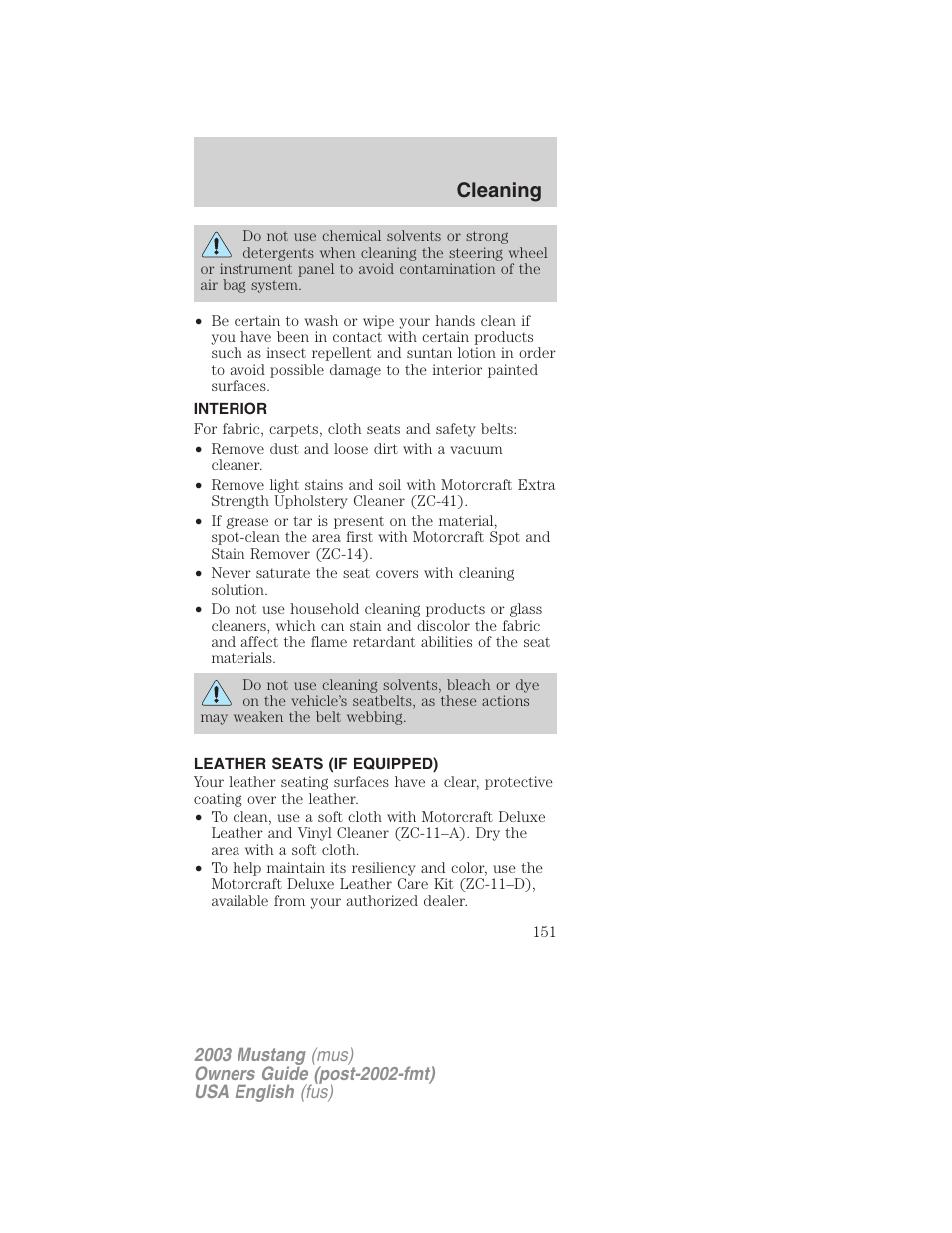 Cleaning | FORD 2003 Mustang v.5 User Manual | Page 151 / 216