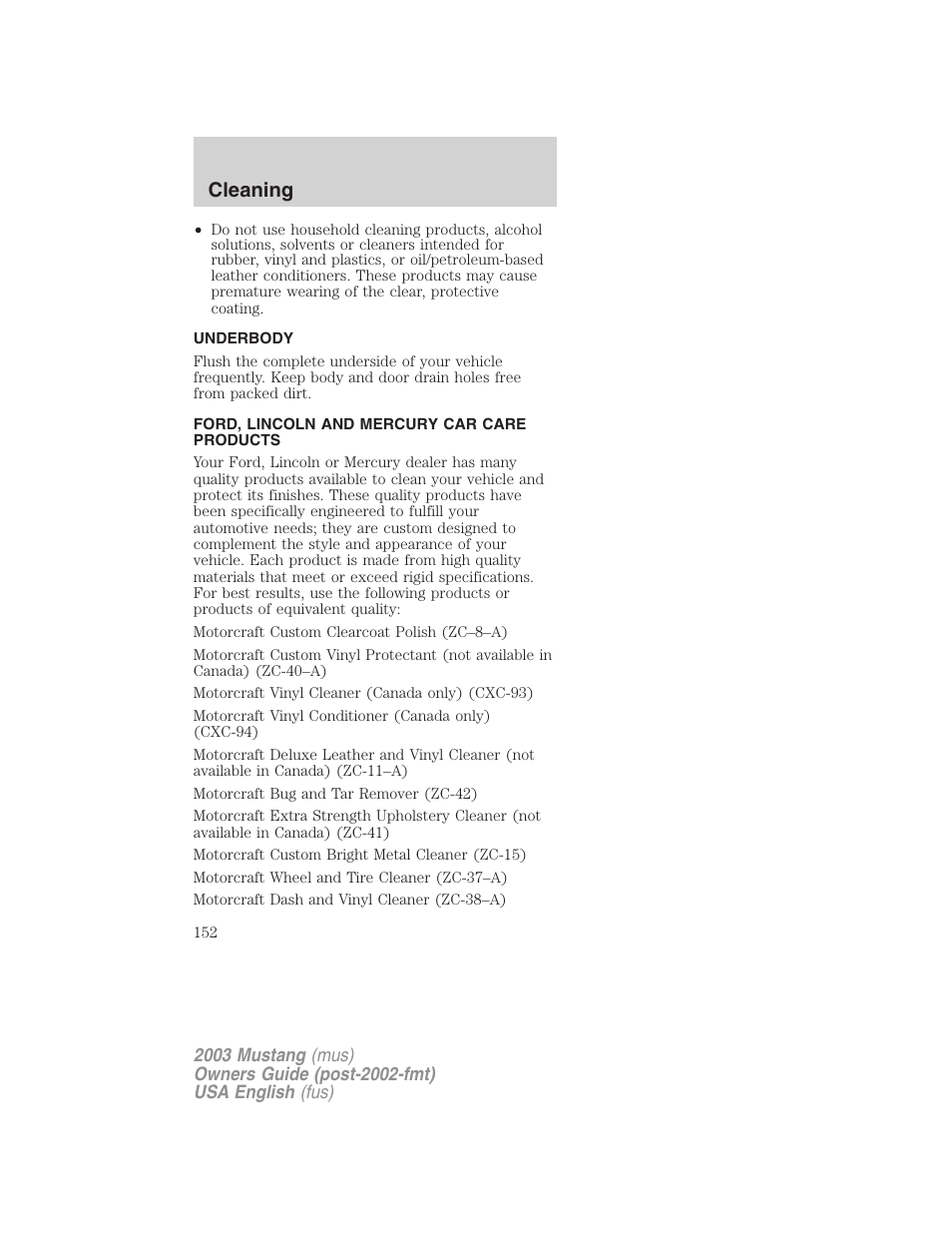 Cleaning | FORD 2003 Mustang v.5 User Manual | Page 152 / 216