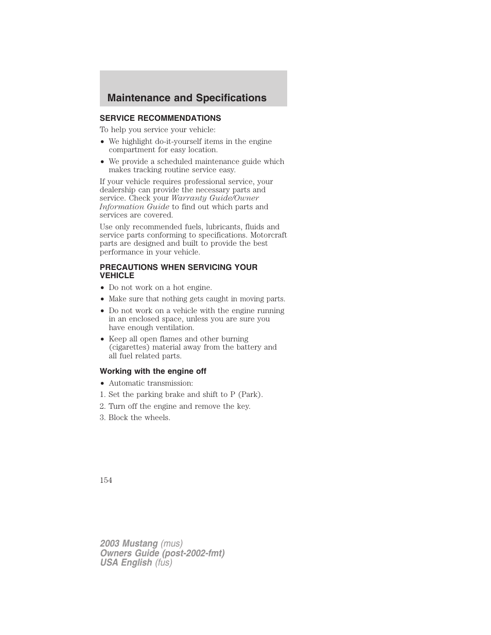 Maintenance and specifications | FORD 2003 Mustang v.5 User Manual | Page 154 / 216