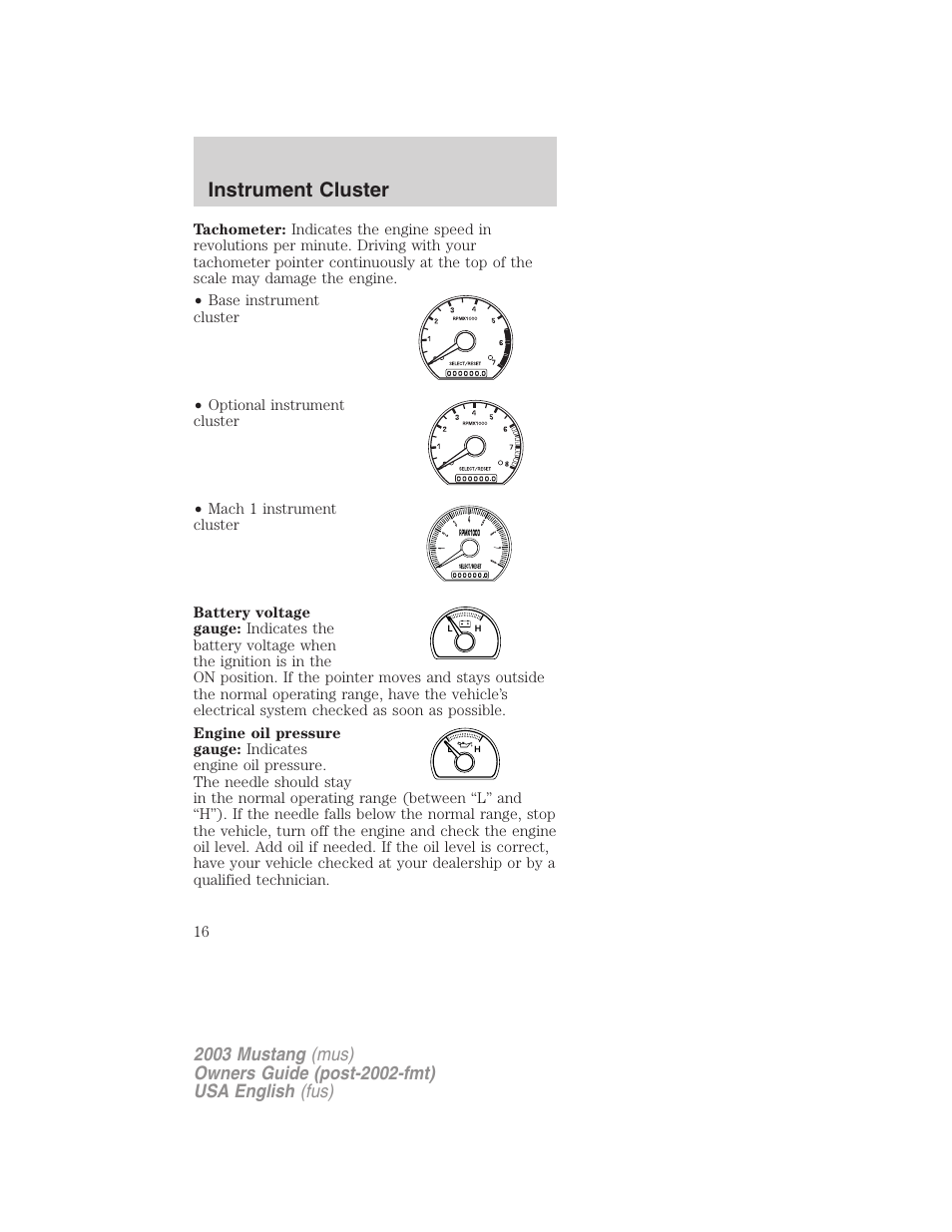 Instrument cluster | FORD 2003 Mustang v.5 User Manual | Page 16 / 216