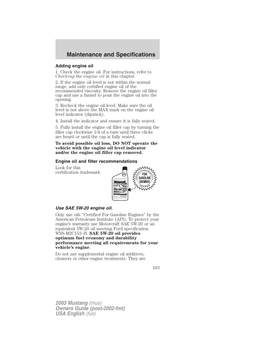 Maintenance and specifications | FORD 2003 Mustang v.5 User Manual | Page 163 / 216