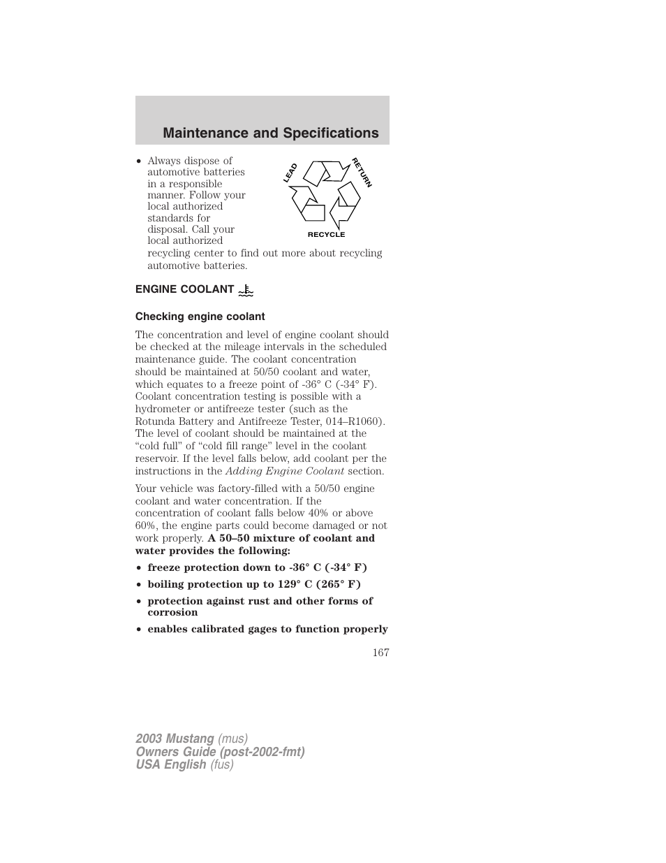 Maintenance and specifications | FORD 2003 Mustang v.5 User Manual | Page 167 / 216