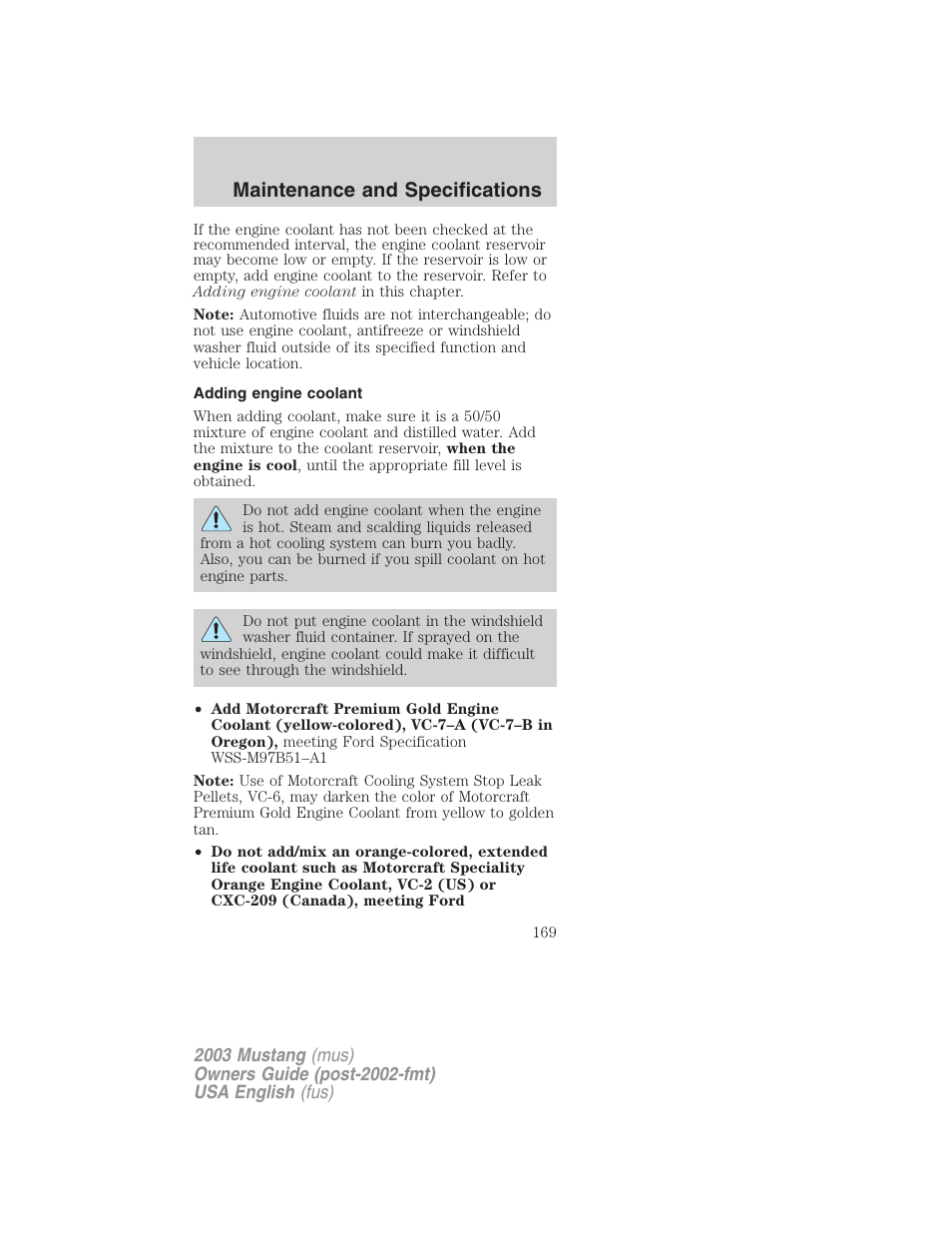 Maintenance and specifications | FORD 2003 Mustang v.5 User Manual | Page 169 / 216