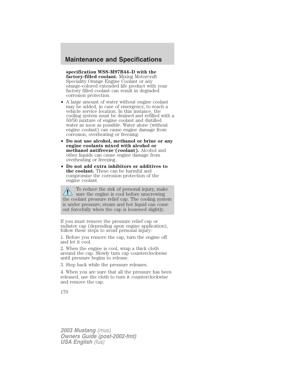 Maintenance and specifications | FORD 2003 Mustang v.5 User Manual | Page 170 / 216