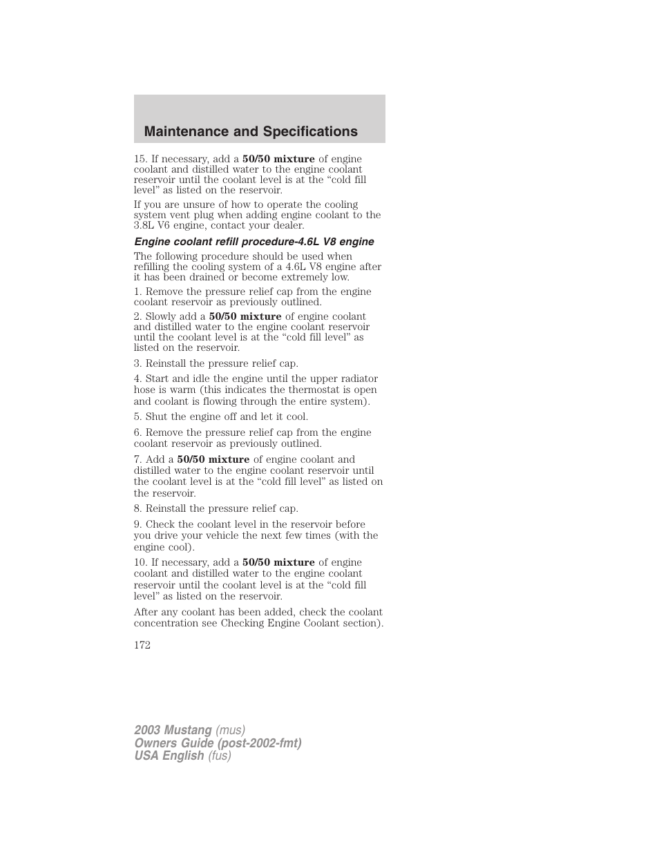 Maintenance and specifications | FORD 2003 Mustang v.5 User Manual | Page 172 / 216