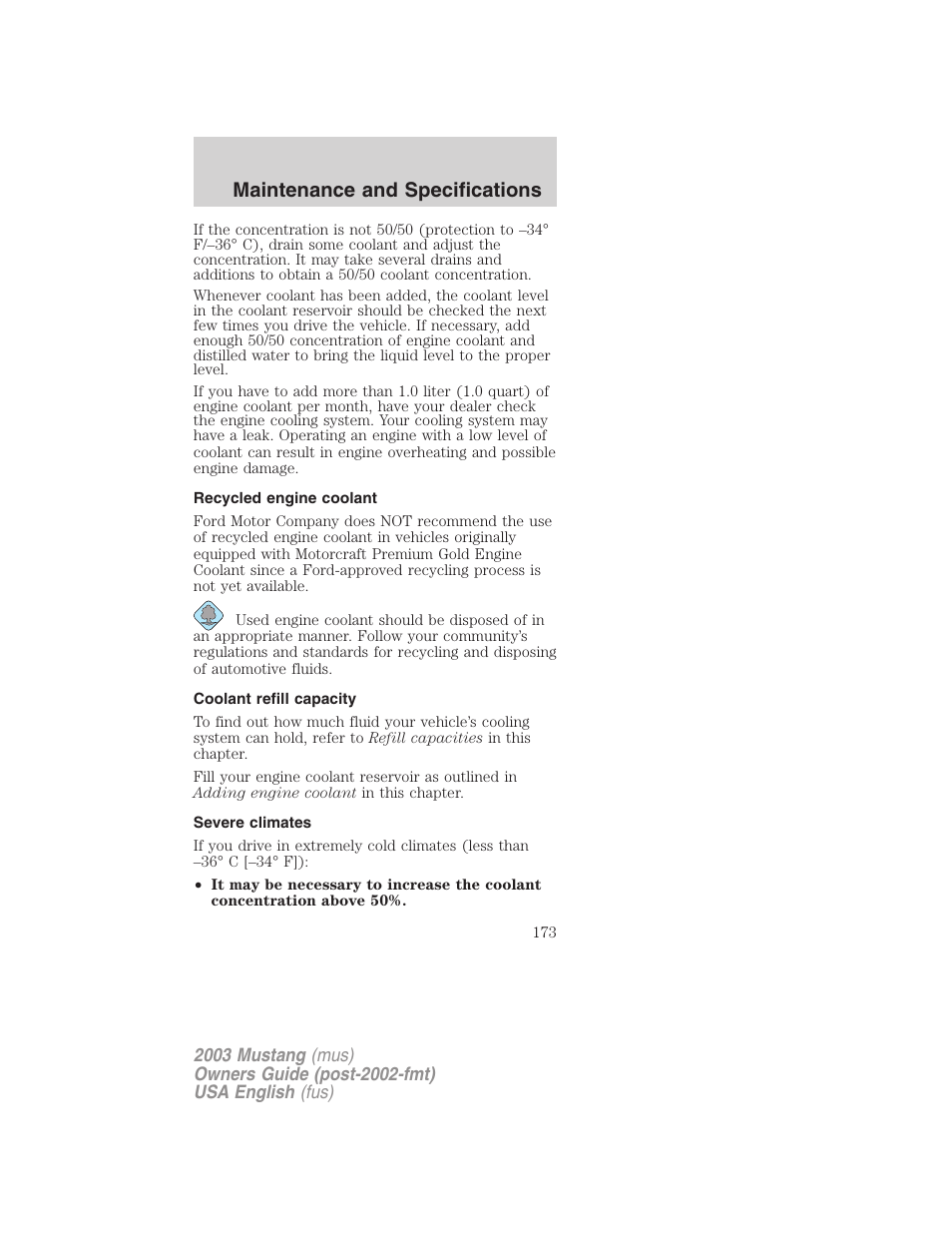 Maintenance and specifications | FORD 2003 Mustang v.5 User Manual | Page 173 / 216