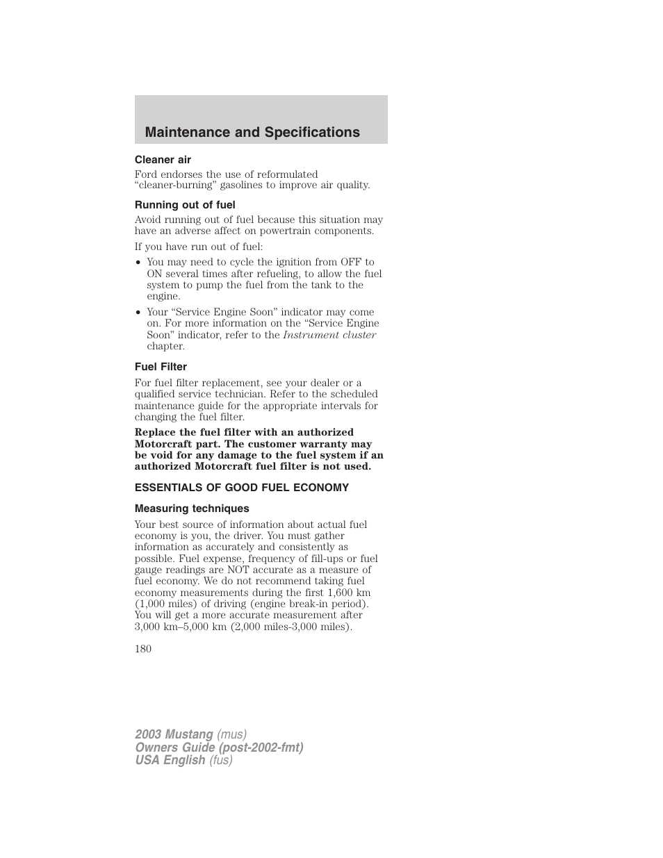 Maintenance and specifications | FORD 2003 Mustang v.5 User Manual | Page 180 / 216