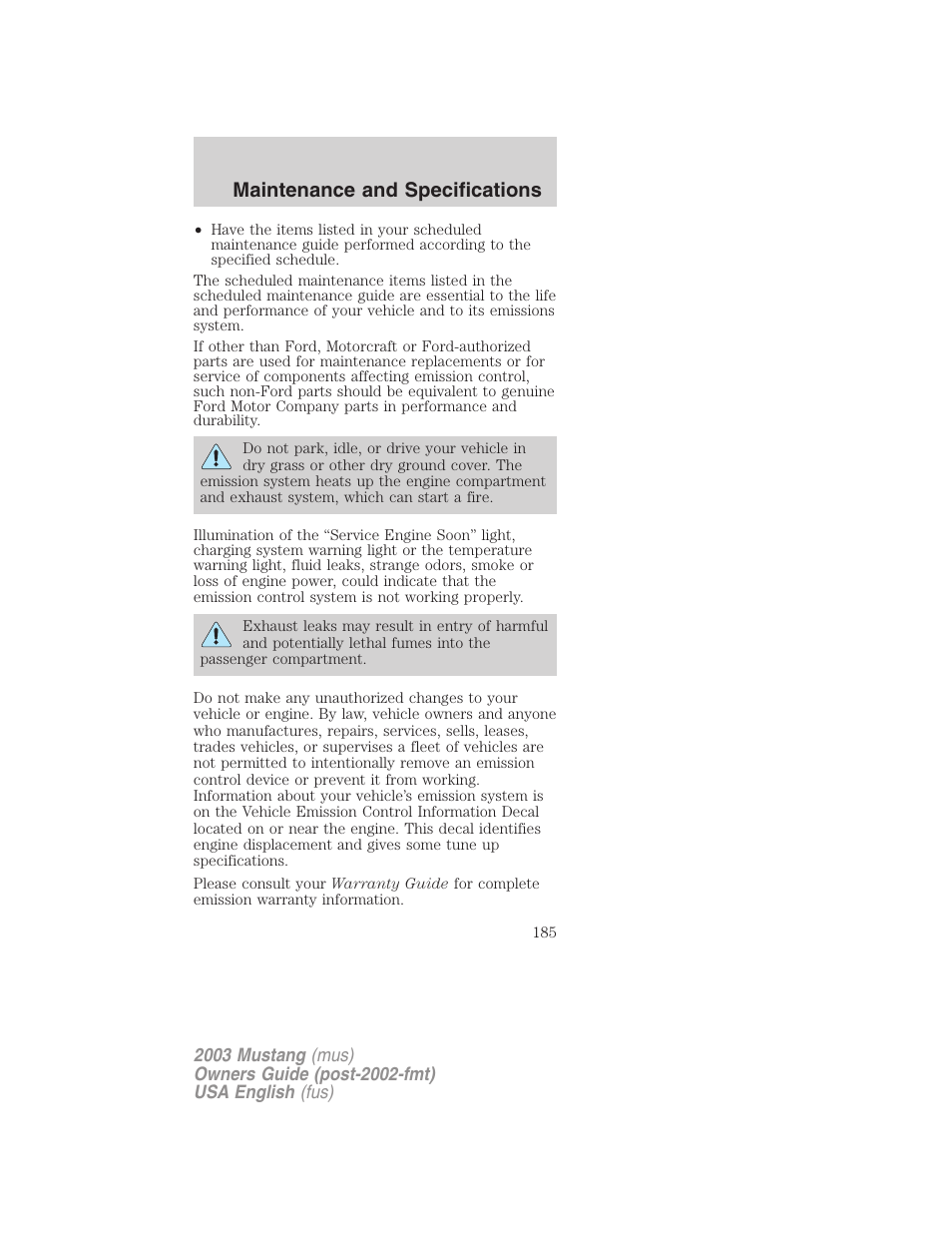 Maintenance and specifications | FORD 2003 Mustang v.5 User Manual | Page 185 / 216
