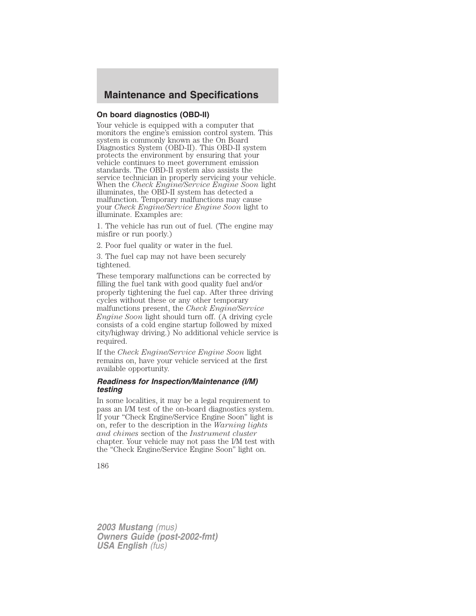 Maintenance and specifications | FORD 2003 Mustang v.5 User Manual | Page 186 / 216