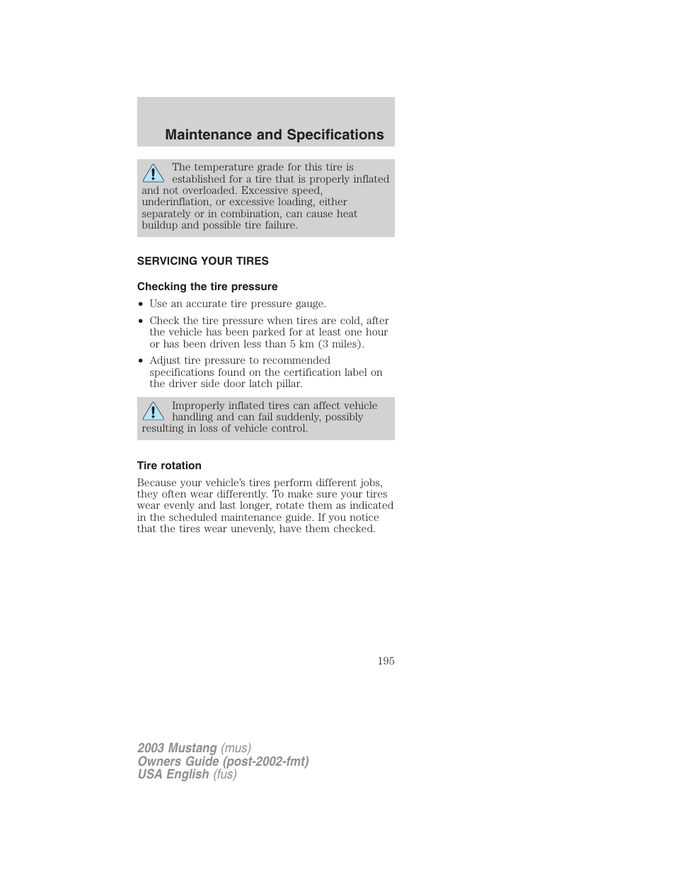 Maintenance and specifications | FORD 2003 Mustang v.5 User Manual | Page 195 / 216