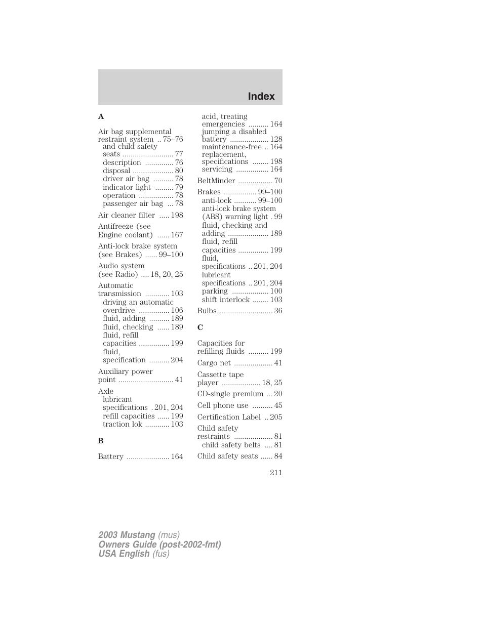 Index | FORD 2003 Mustang v.5 User Manual | Page 211 / 216