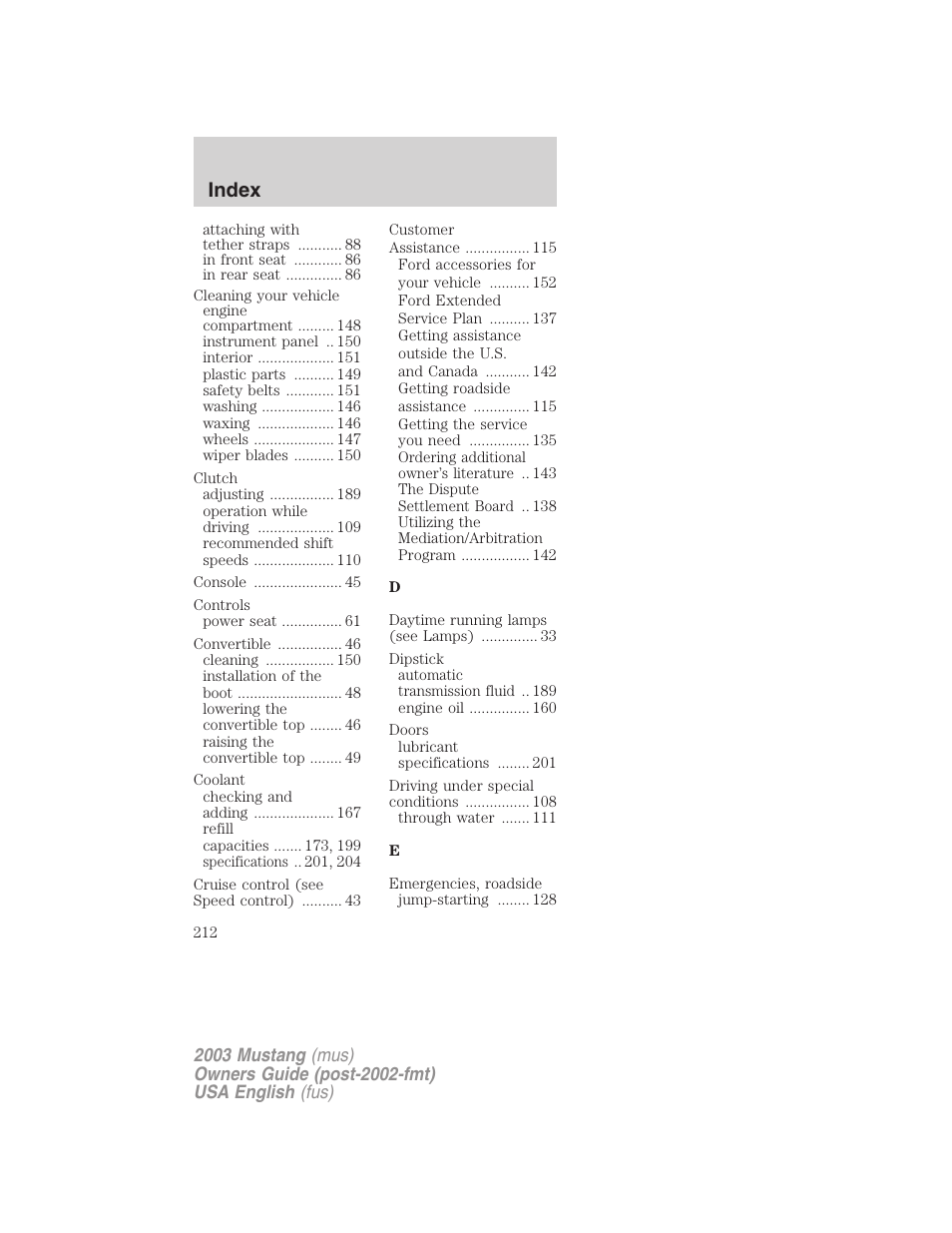 Index | FORD 2003 Mustang v.5 User Manual | Page 212 / 216