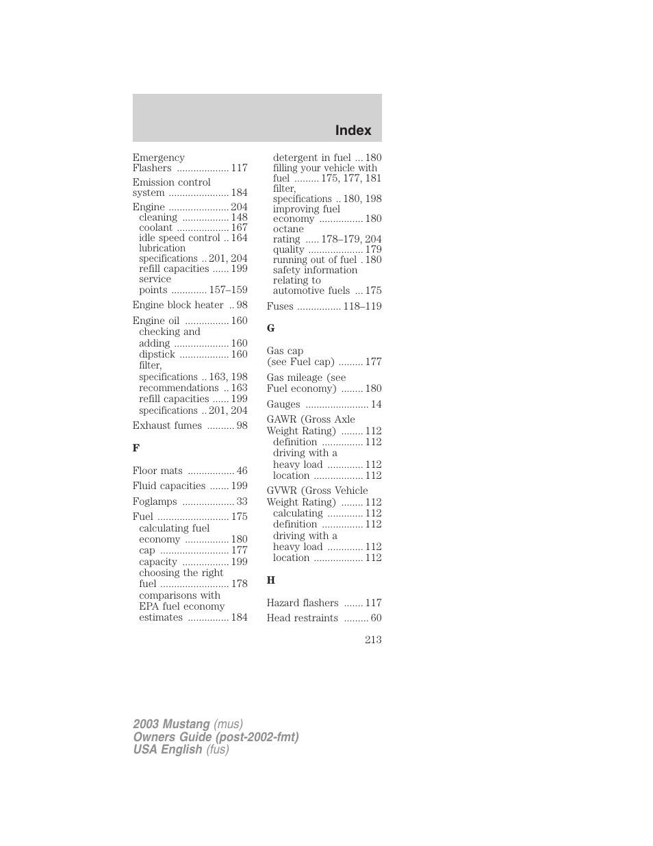 Index | FORD 2003 Mustang v.5 User Manual | Page 213 / 216