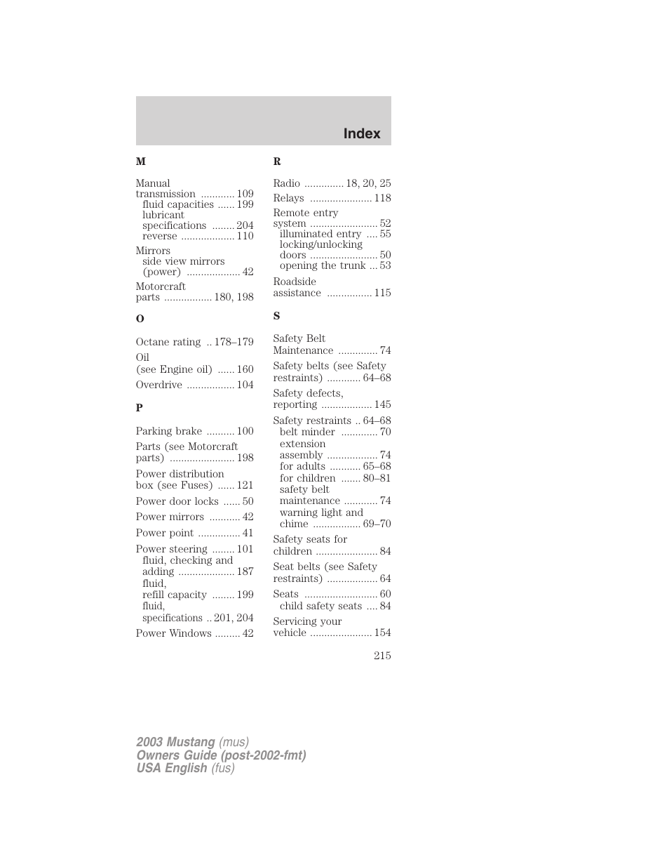 Index | FORD 2003 Mustang v.5 User Manual | Page 215 / 216