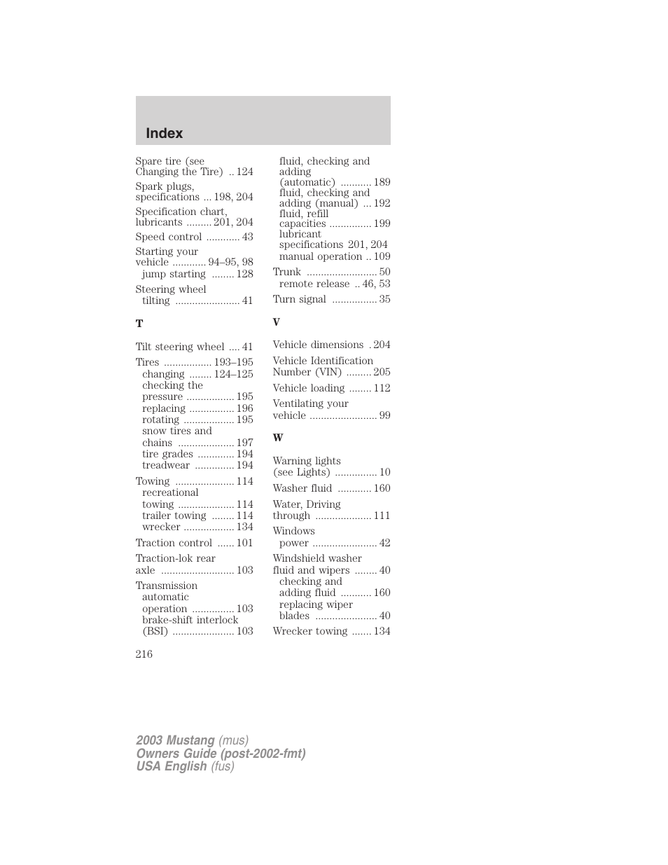 Index | FORD 2003 Mustang v.5 User Manual | Page 216 / 216