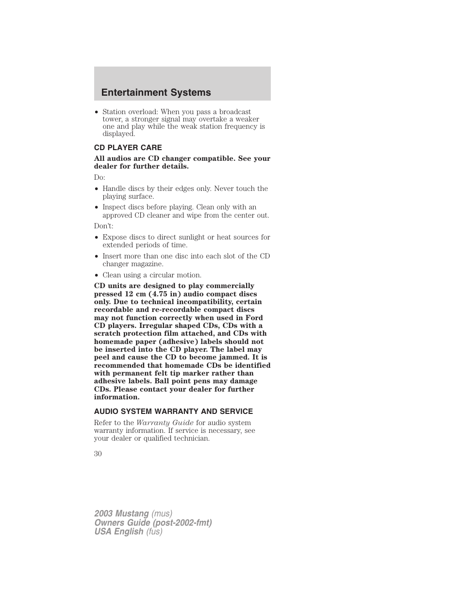 Entertainment systems | FORD 2003 Mustang v.5 User Manual | Page 30 / 216
