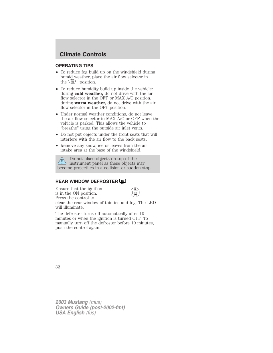 Climate controls | FORD 2003 Mustang v.5 User Manual | Page 32 / 216