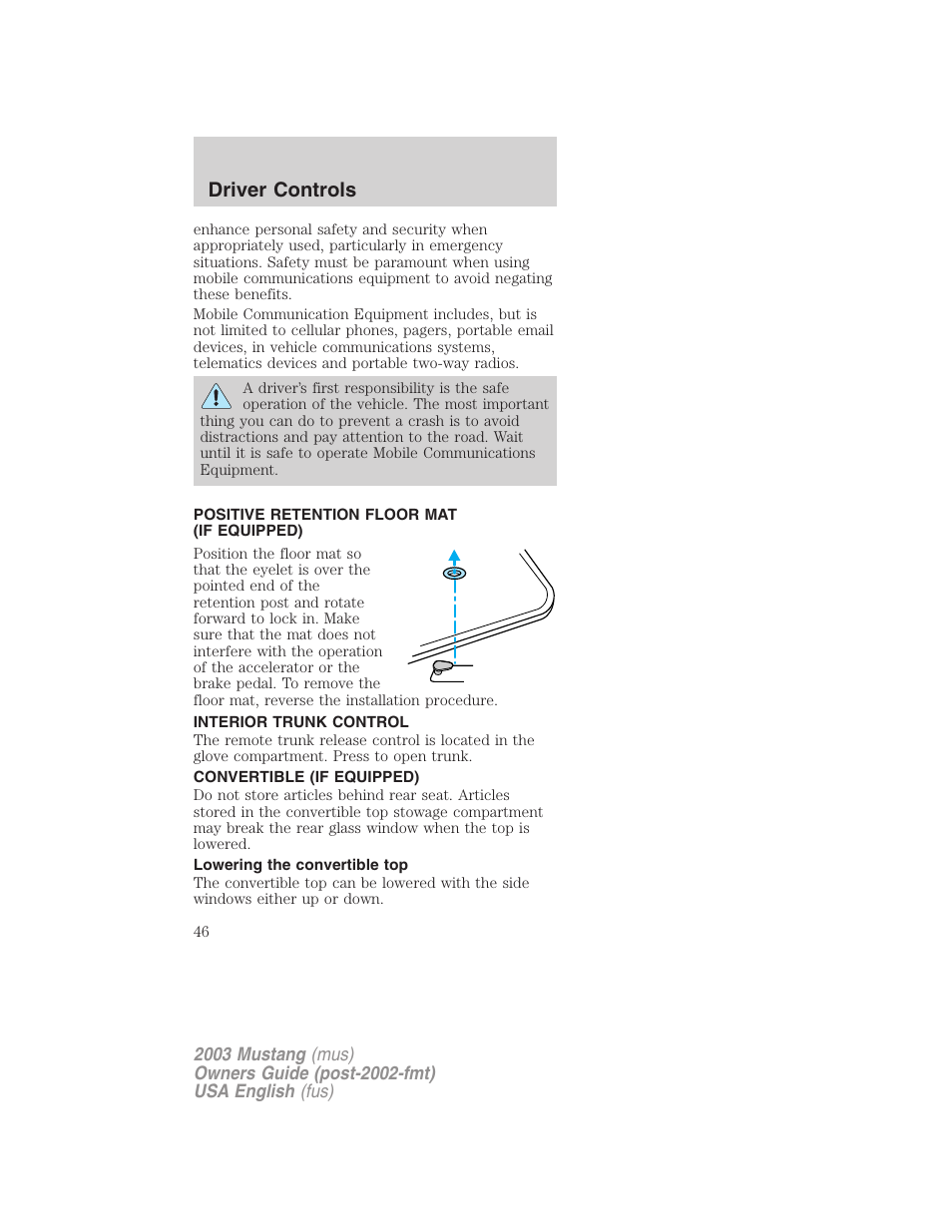 Driver controls | FORD 2003 Mustang v.5 User Manual | Page 46 / 216