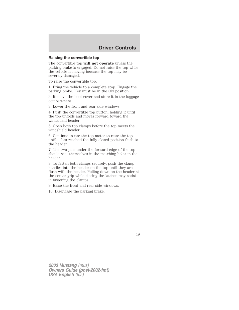 Driver controls | FORD 2003 Mustang v.5 User Manual | Page 49 / 216