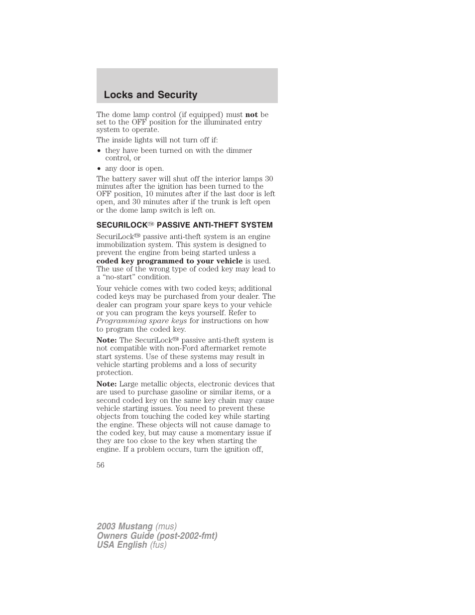 Locks and security | FORD 2003 Mustang v.5 User Manual | Page 56 / 216