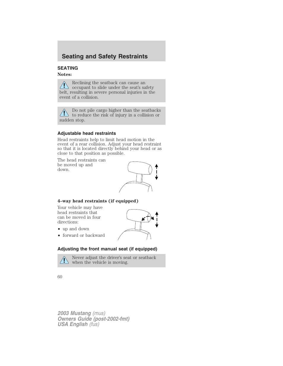 Seating and safety restraints | FORD 2003 Mustang v.5 User Manual | Page 60 / 216