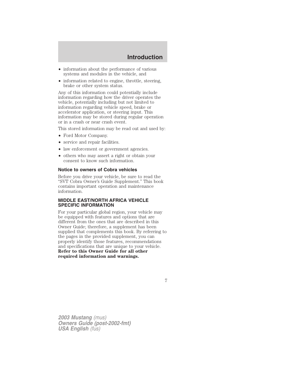 Introduction | FORD 2003 Mustang v.5 User Manual | Page 7 / 216