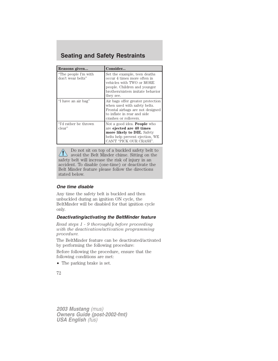 Seating and safety restraints | FORD 2003 Mustang v.5 User Manual | Page 72 / 216