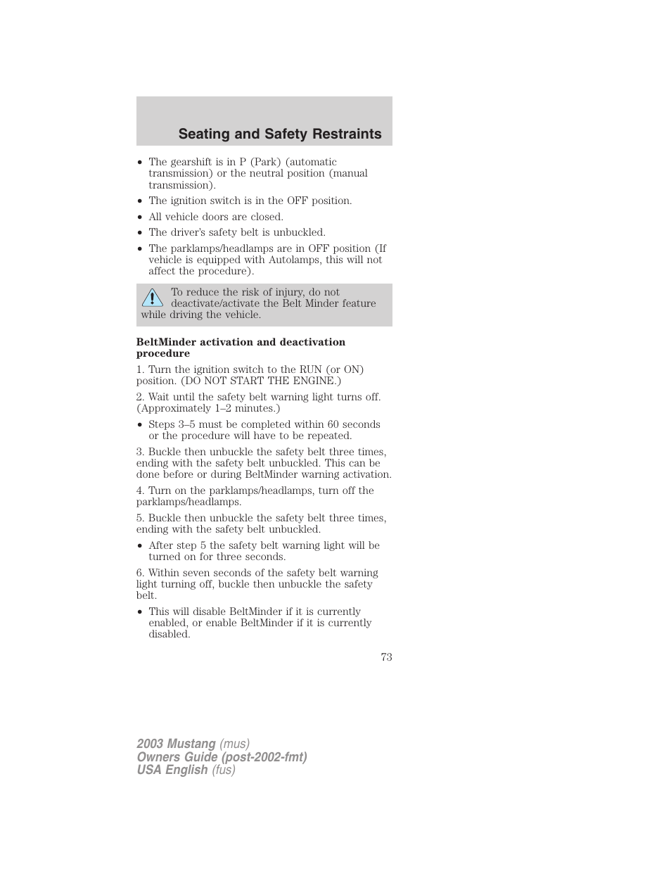 Seating and safety restraints | FORD 2003 Mustang v.5 User Manual | Page 73 / 216