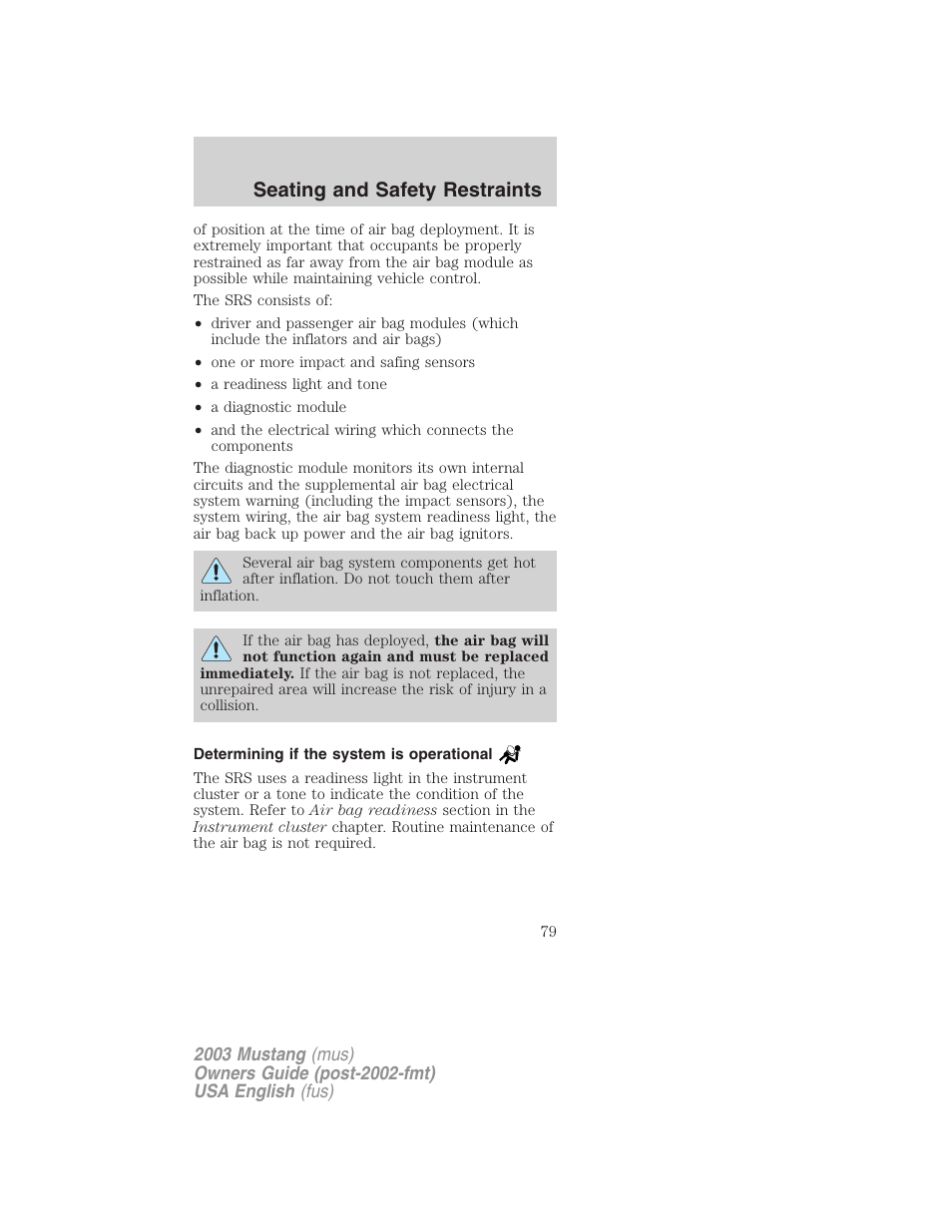 Seating and safety restraints | FORD 2003 Mustang v.5 User Manual | Page 79 / 216