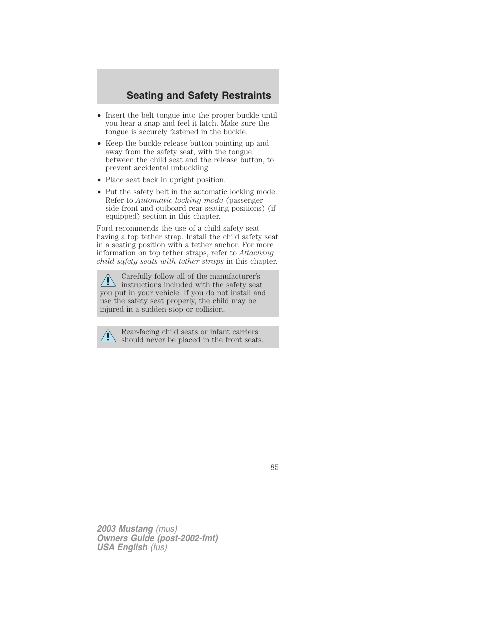 Seating and safety restraints | FORD 2003 Mustang v.5 User Manual | Page 85 / 216