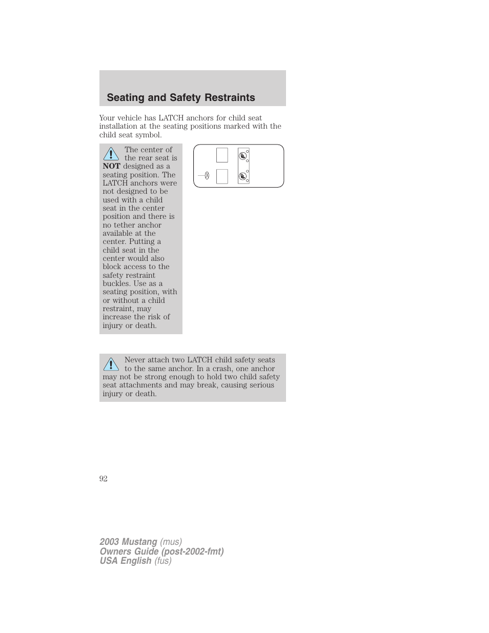 Seating and safety restraints | FORD 2003 Mustang v.5 User Manual | Page 92 / 216