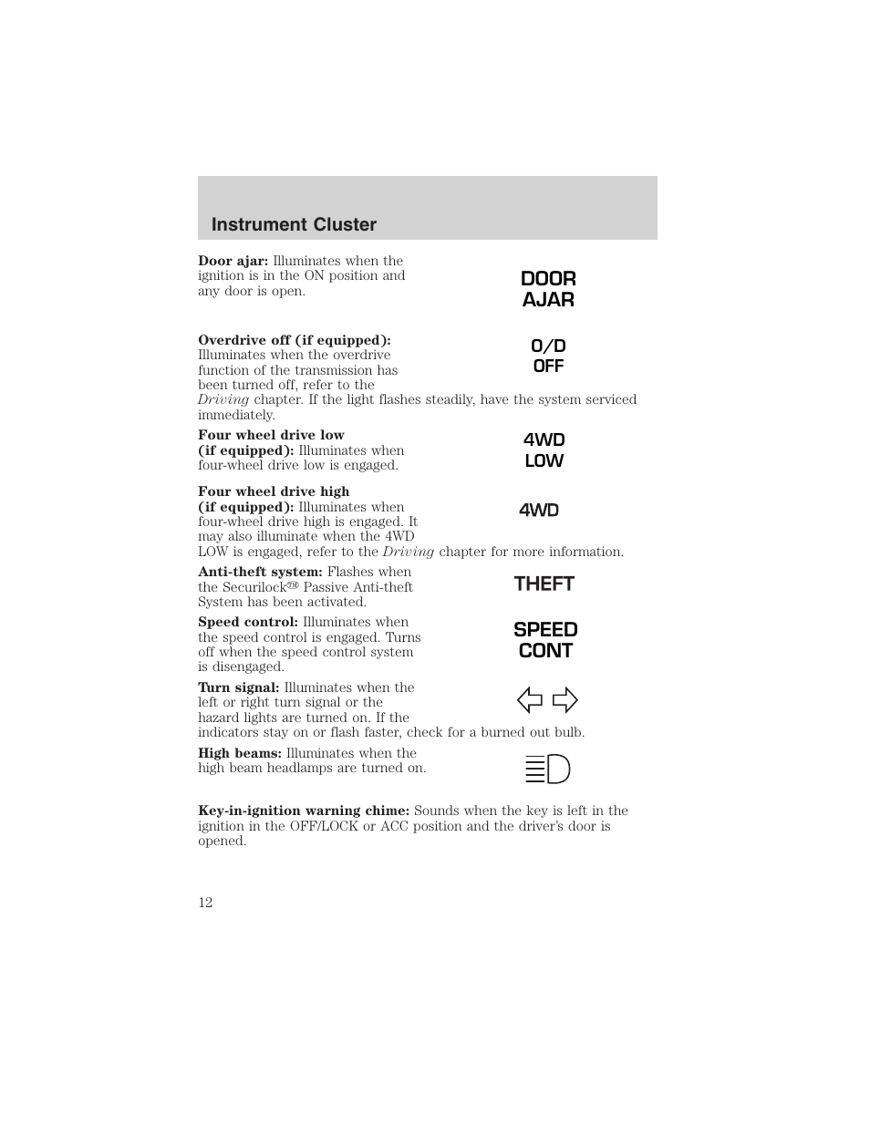 Door ajar, Speed cont | FORD 2003 Ranger v.1 User Manual | Page 12 / 248