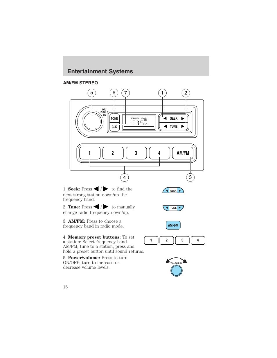 Entertainment systems, 12 3 4 am/fm | FORD 2003 Ranger v.1 User Manual | Page 16 / 248