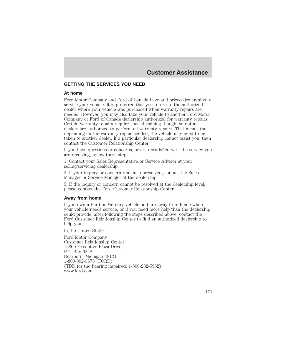 Customer assistance | FORD 2003 Ranger v.1 User Manual | Page 171 / 248