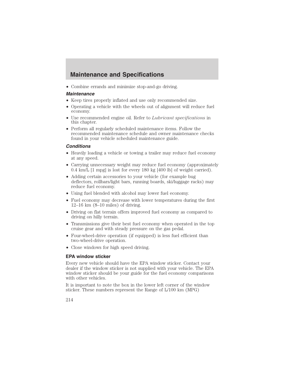 Maintenance and specifications | FORD 2003 Ranger v.1 User Manual | Page 214 / 248