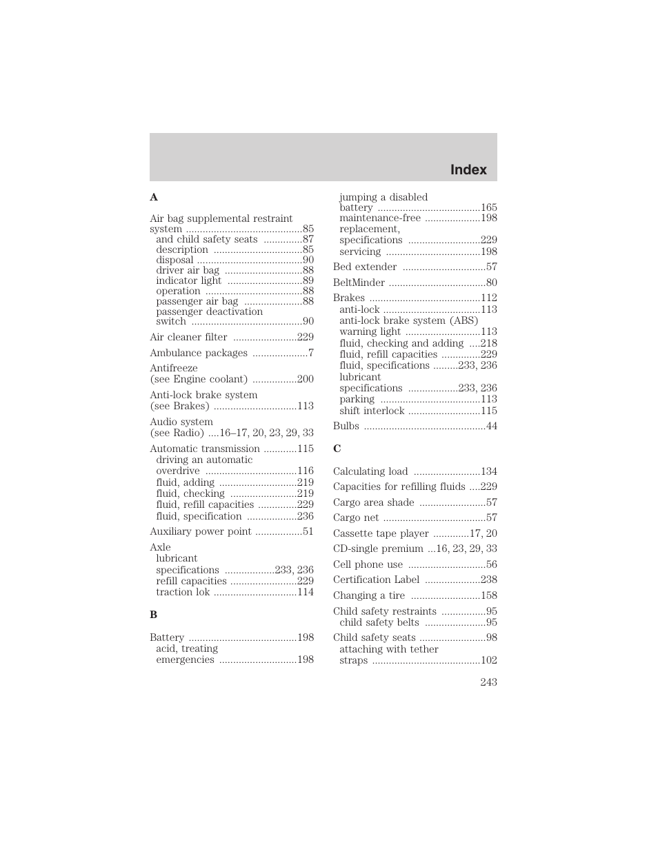 Index | FORD 2003 Ranger v.1 User Manual | Page 243 / 248