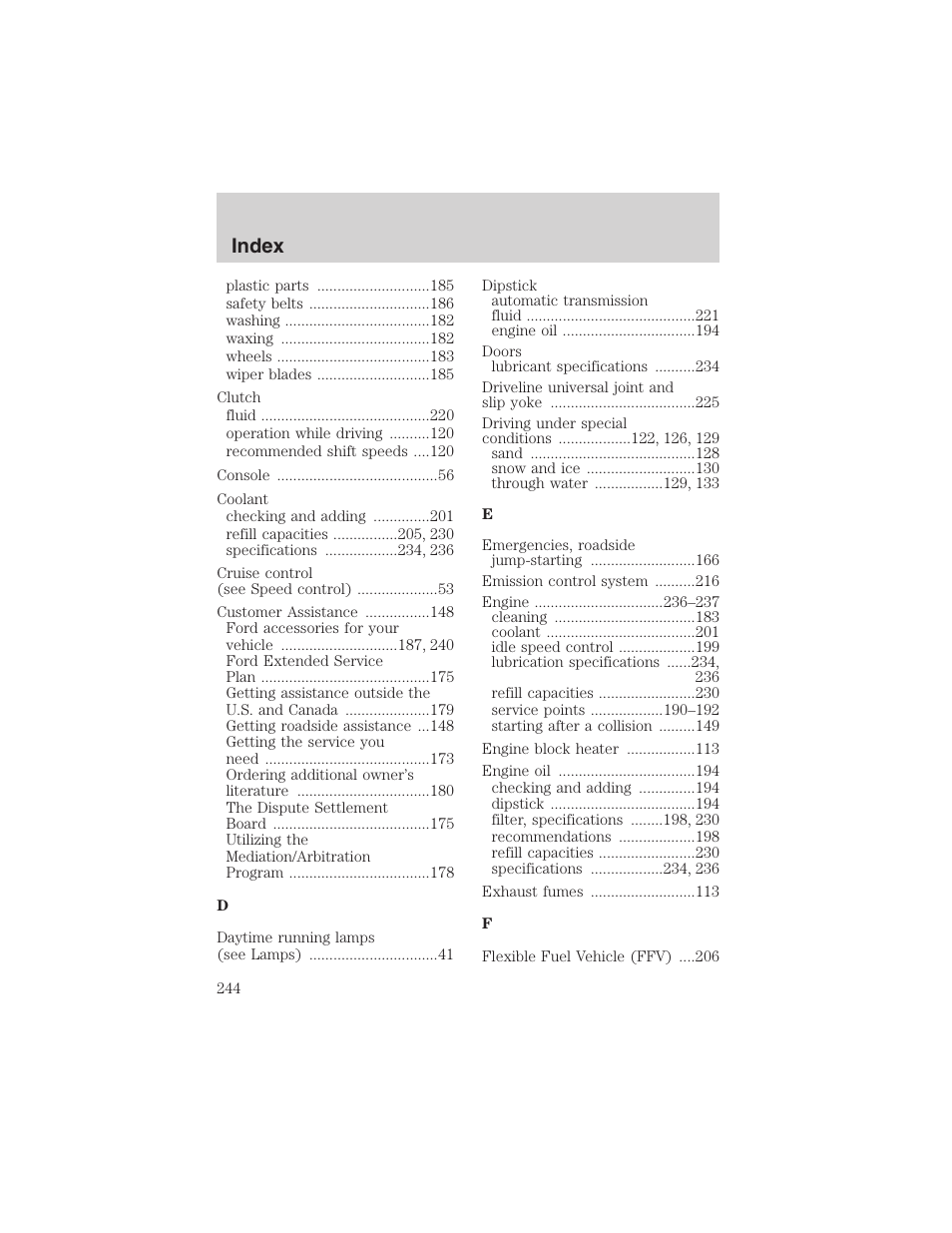 Index | FORD 2003 Ranger v.2 User Manual | Page 244 / 248