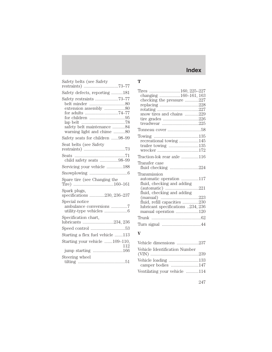 Index | FORD 2003 Ranger v.2 User Manual | Page 247 / 248